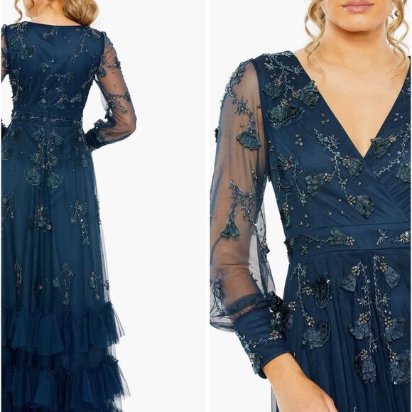 Mac Duggal 9256 Mesh Long Sleeve V-Neck tiered A line Gown size 10 $798 - Picture 1 of 9